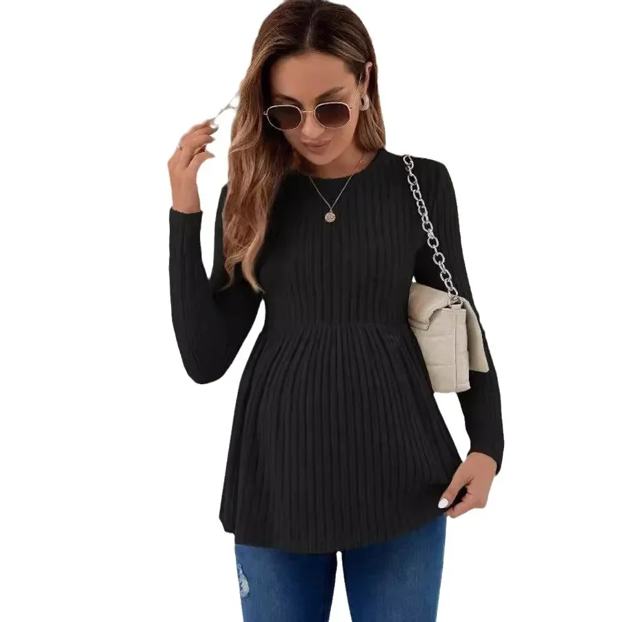 출산을위한 가을 미국 캐주얼 니트 셔츠 긴 소매 임신 한 여성을위한 라인 느슨한 옷 임신 탑스