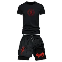 Men's Sports Streetwear Summer Breathable Casual T-shirt Set Outdoor Fitness 2-in-1 Compression Shorts Workout Track Clothes