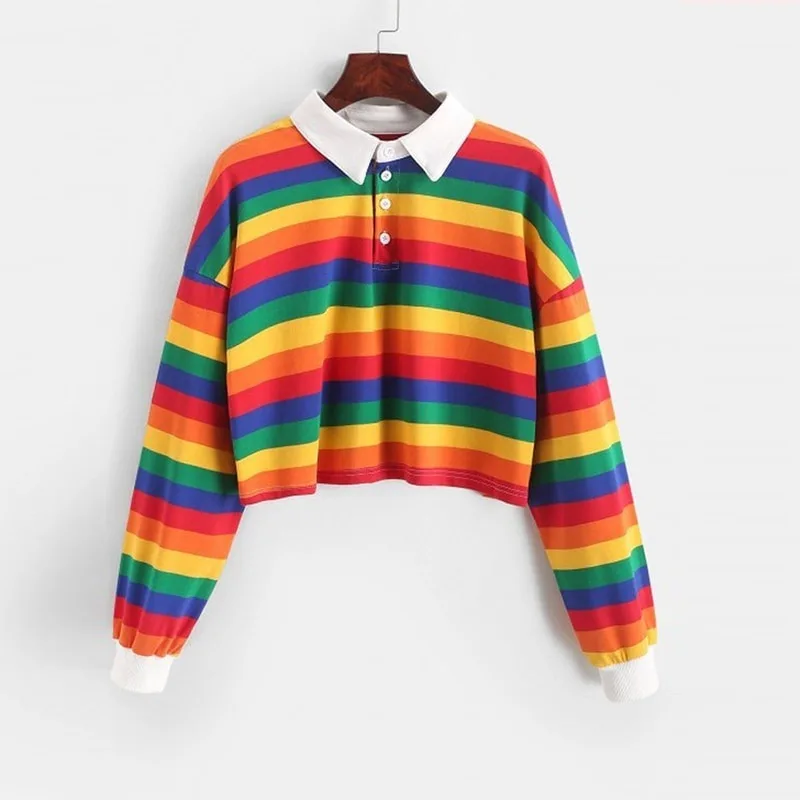 

Women Sweatshirt Long Sleeve Rainbow Color Ladies Hoodies With Button Striped Korean Style Sweatshirt Women