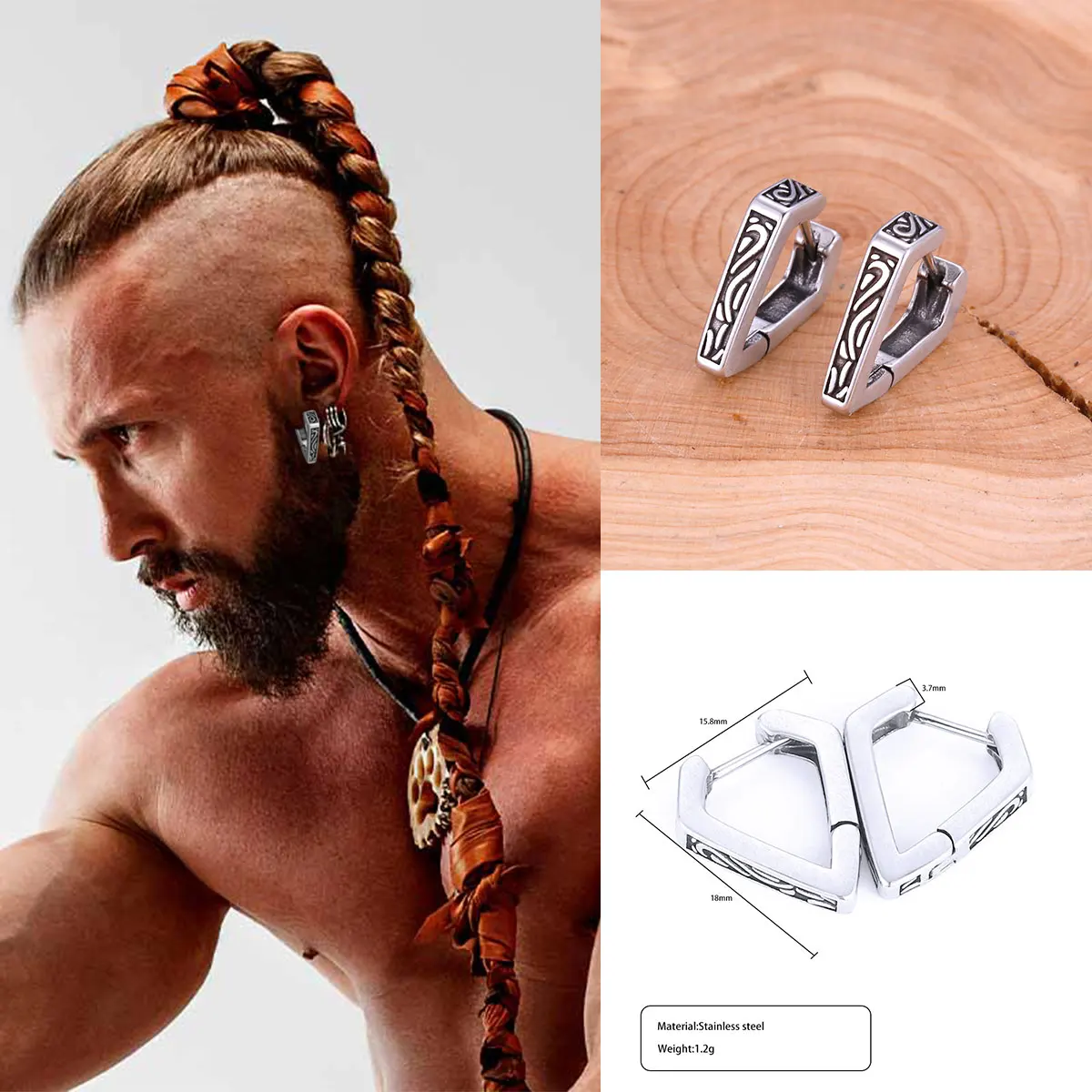 

Men's Rune Polygon Stud Earrings Viking Retro Hip Hop Rock Party Jewelry Waterproof Stainless Steel on-Ear Gift Jewelry