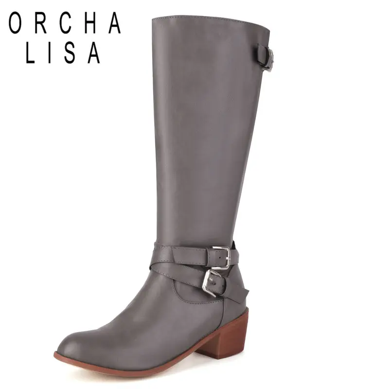 

ORCHA LISA Women Knee High Boots Block Heels 5cm Zipper Belt Buckles Plus Size 45 46 47 48 Casual Female Knight Booties