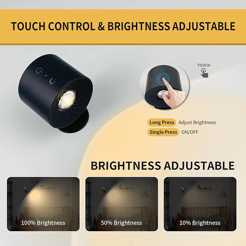 Led Wall Lamp Double Head Touch Control Remote 360 Rotatable USB Recharge Wireless Portable Night Reading Lamp