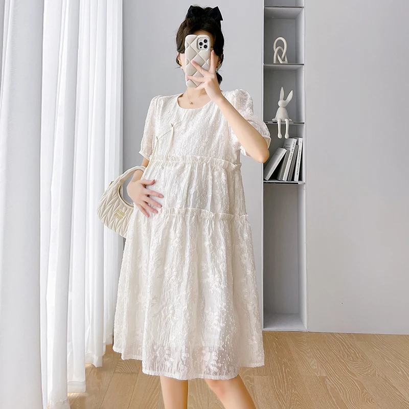 

2024 Summer Maternity Lace Dress Short Sleeve O-neck Chinese Style Pregnant Woman Elegant Dress Pregnancy A-line Dresses Sweet