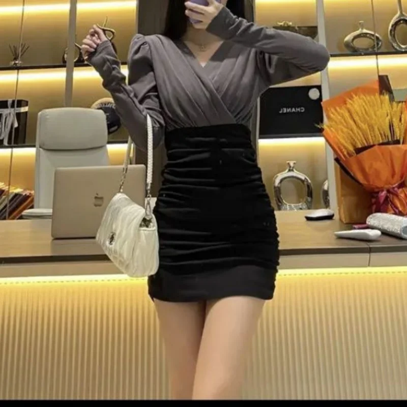 

Temperament Slim Solid Color Patchwork Bag Hip Dresses Spring Autumn New Sexy Long Sleeve Pleated V-Neck Dress Women's Clothing