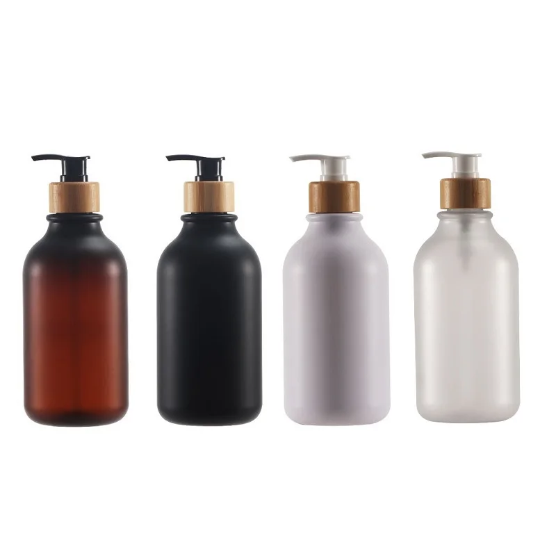 

Bamboo Lotion Pump PET Bottle 300ml 500ml Round Plastic Frost Black Brown White Empty Cosmetic Packaging Refillable Bottle 15pcs