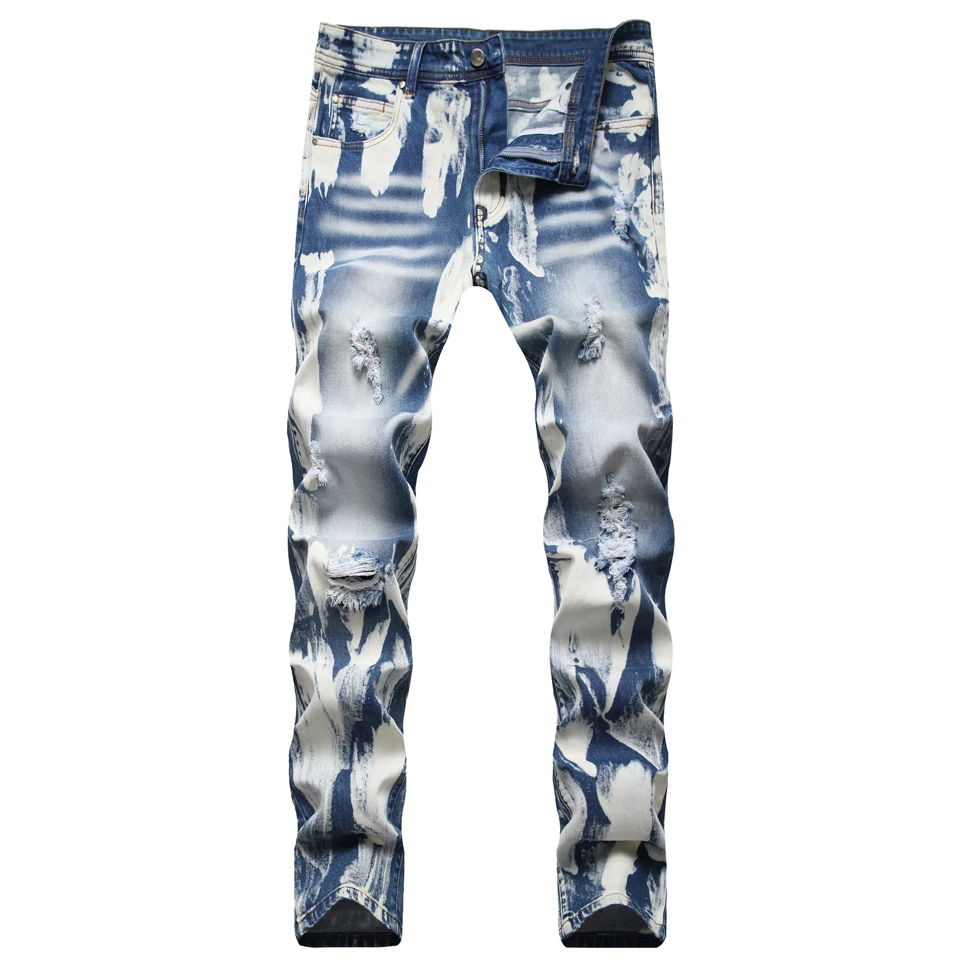 

Fashion designer stylish streetwear men's rap print pants blue ripped stretch tights paint graffiti mens slim jeans teen