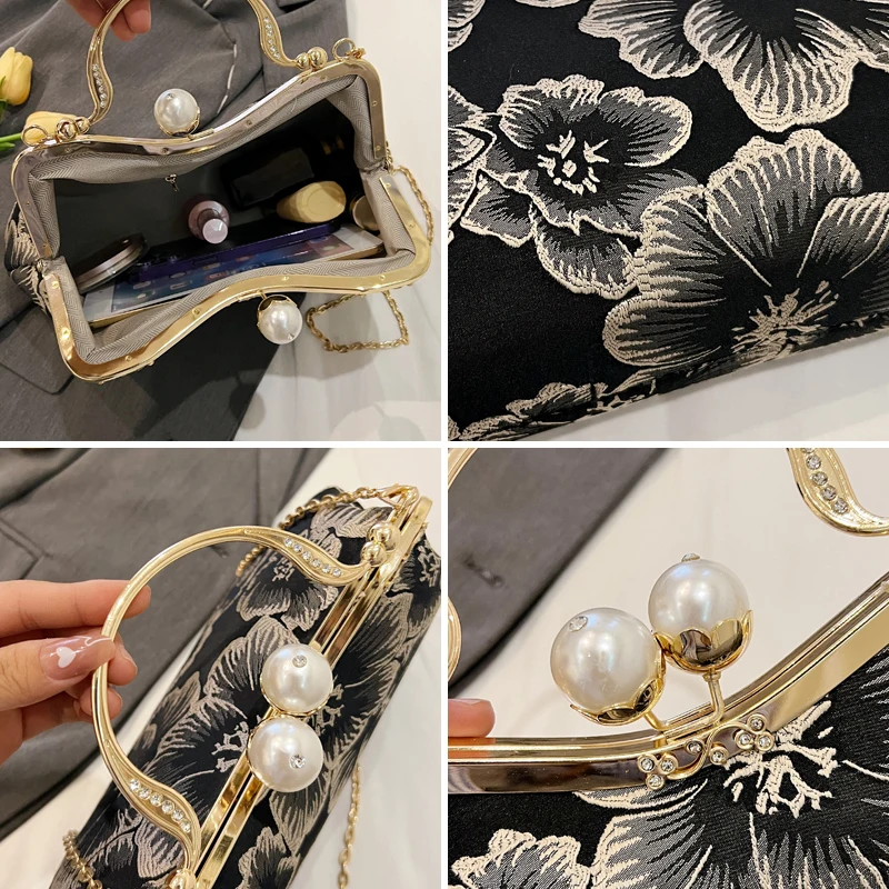 Embroidered flower handbag for women fashion 2023 purse bag Pearl clip shoulder bag elegant High quality crossbody bags for Girl