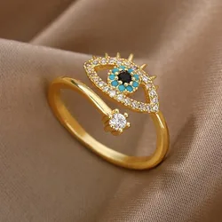 Gold and Silver Evil Eye Adjustable Ring - Crystal Adorned Fashion Jewelry Accessory - Resizable (Gold)