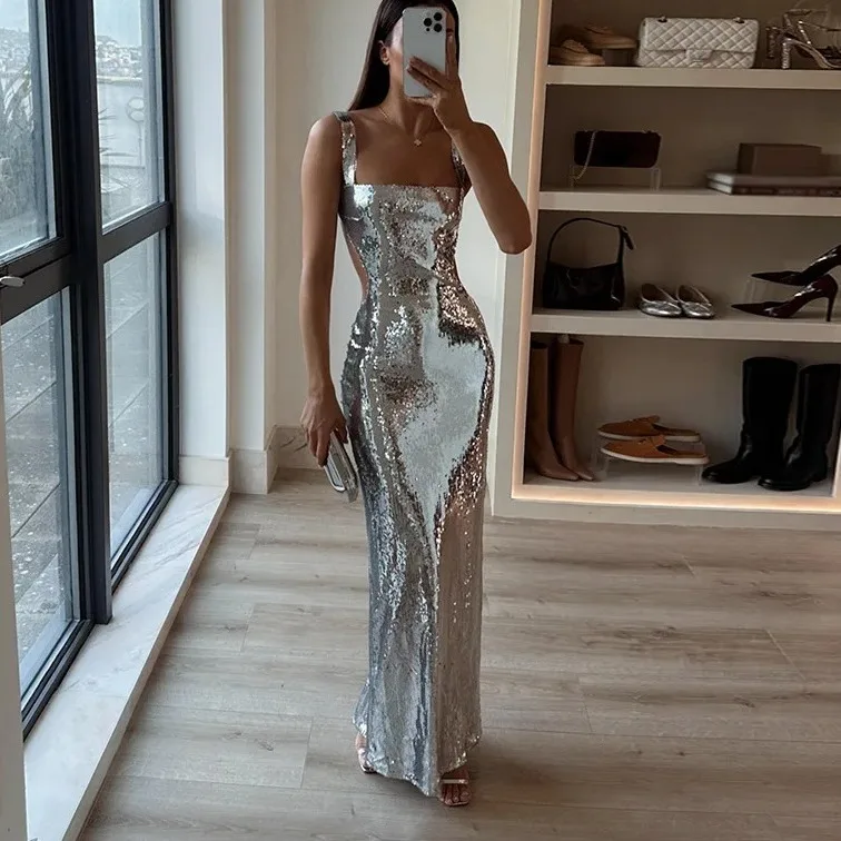 

TRAF-Women's Long Dress with Hanging Strap, Backless Glitter, High Quality