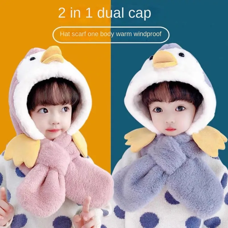 Autumn and Winter Cartoon Scarf One Piece Hat with Thick Windproof Ear Protection and Velvet for Boys Girls
