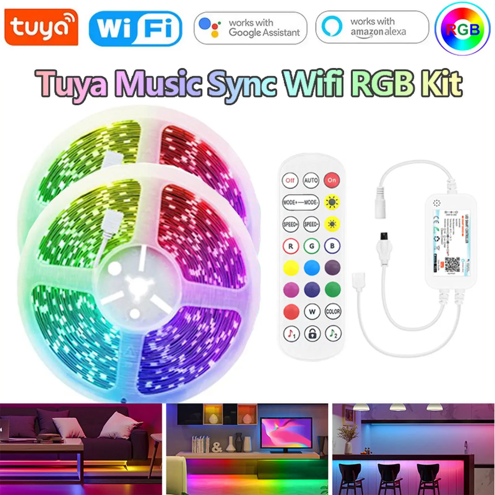 

TUYA Music Sync Wifi RGB Controller DC12V RGB 5050 LED Strip Light Waterproof 60leds/m Home Light Voice for Alexa Google 1M-10M