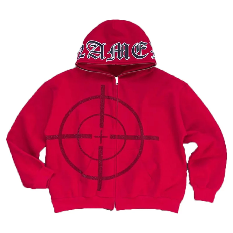 

Oversized Full Zip Up Over Face Red Diamond Rhinestone Y2k Hoodies Men Unisex Vintage Coat Grunge Fleece Pocket Loose Casual