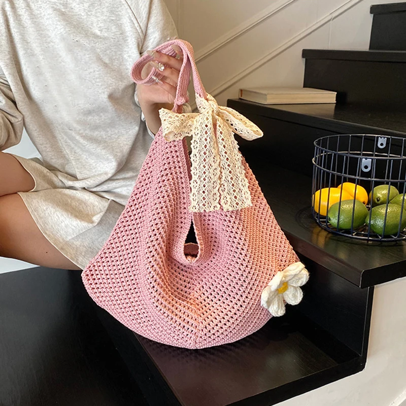 Korean Women's Hollow Woven Shoulder Bags Braided Bag Tote Bag Lazy Style Knitted Hollow Flower Summer Mesh Beach Bag