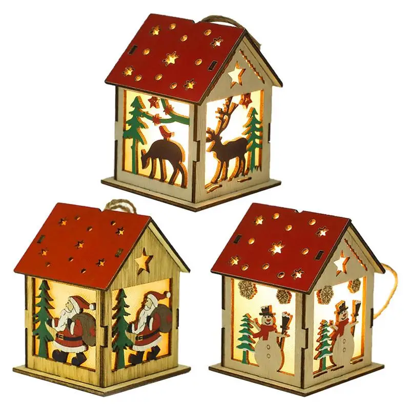 

LED Рождественская деревня, креативные деревянные строительные украшения, Мини Рождественская елка, снеговик, олень, праздничные украшения, деревенский дом
