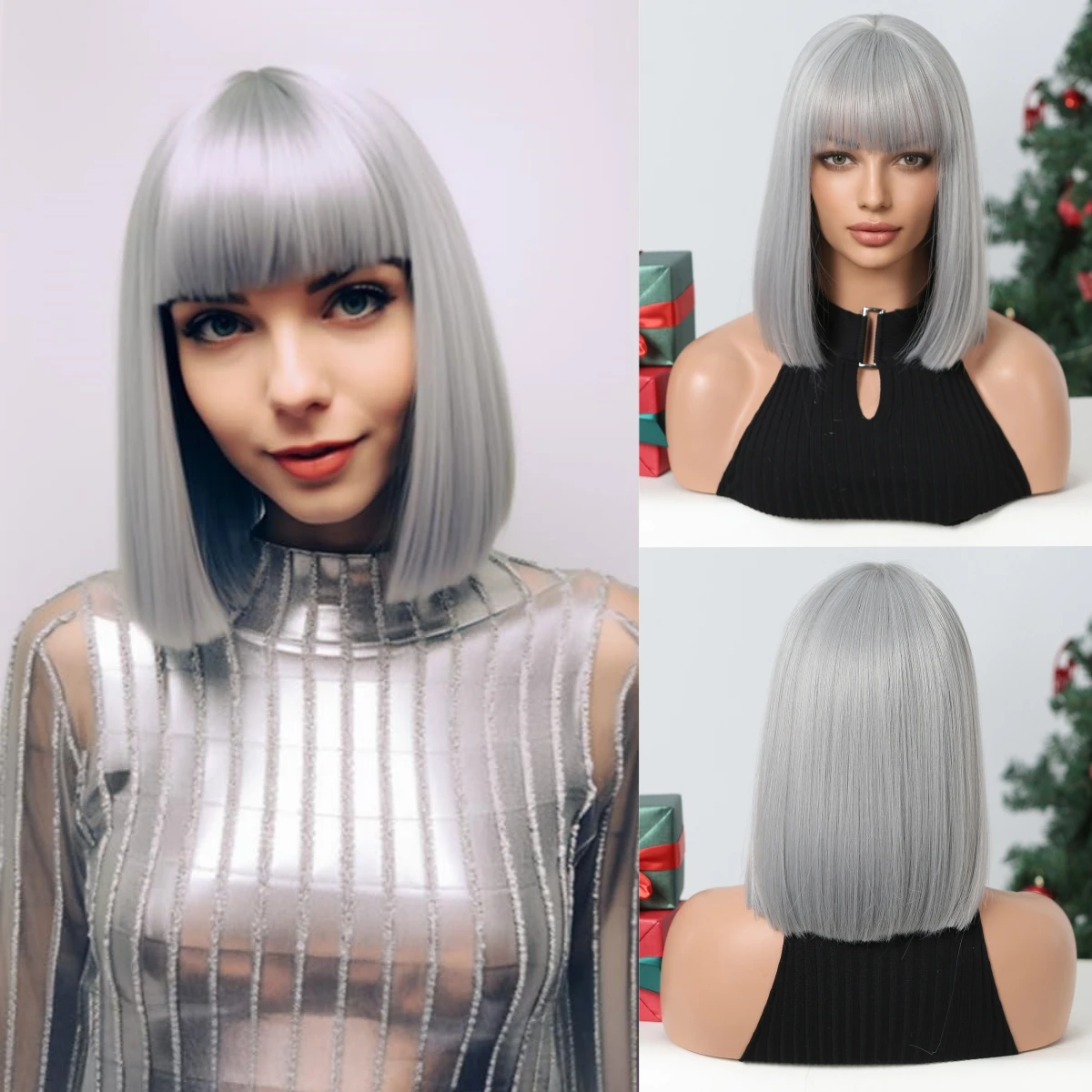 Short Straight Soft Wigs with Bangs Gray Cosplay Wig for Women High Density Christmas Daily Party Synthetic Hair Heat Resistant