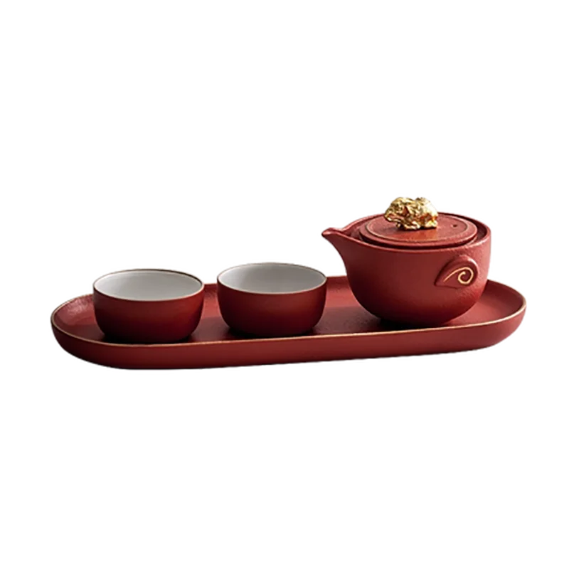 Portable Travel Red Chinese Tea Set, Porcelain Ceramics Teapot and Cups, Gaiwan with Tray, Traditional Wedding Ceremony Set