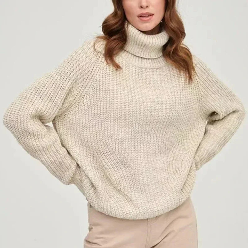 

Winter New Fashion Office Lady Knitted Tops Turtleneck Sweater Women Casual Solid Color Pullovers Loose Thick Knitwears 30400