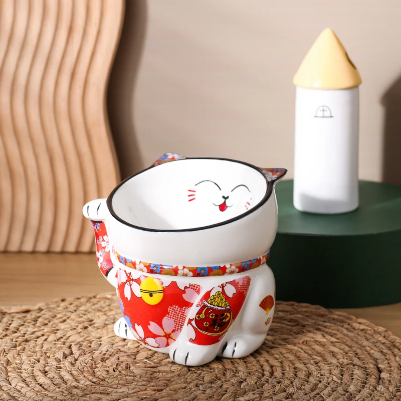 Pet Supplies Ceramic Cat Bowl Food Basin Tall Cat Bowl Oblique Japanese Style Wind Cute