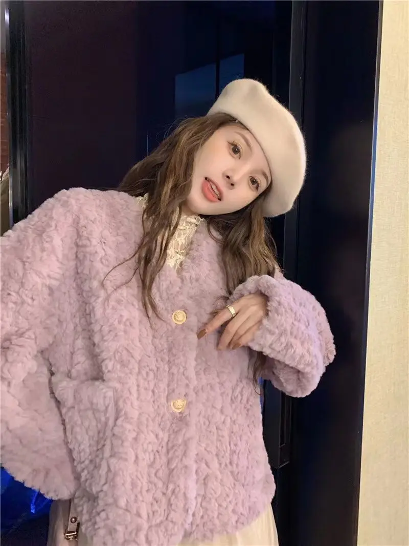 Women Lamb Wool Faux Fur Coat Winter Thickening Warm Loose Casual Jacket High-Quality Turn-Down Collar Single Breasted Overcoat