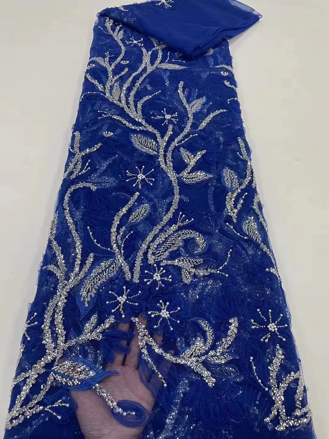 

2023 New Design Royal blue Sequins African Mesh Lace Fabric Embroidery Latest French Tulle Lace Fabric Light Sequined Sew