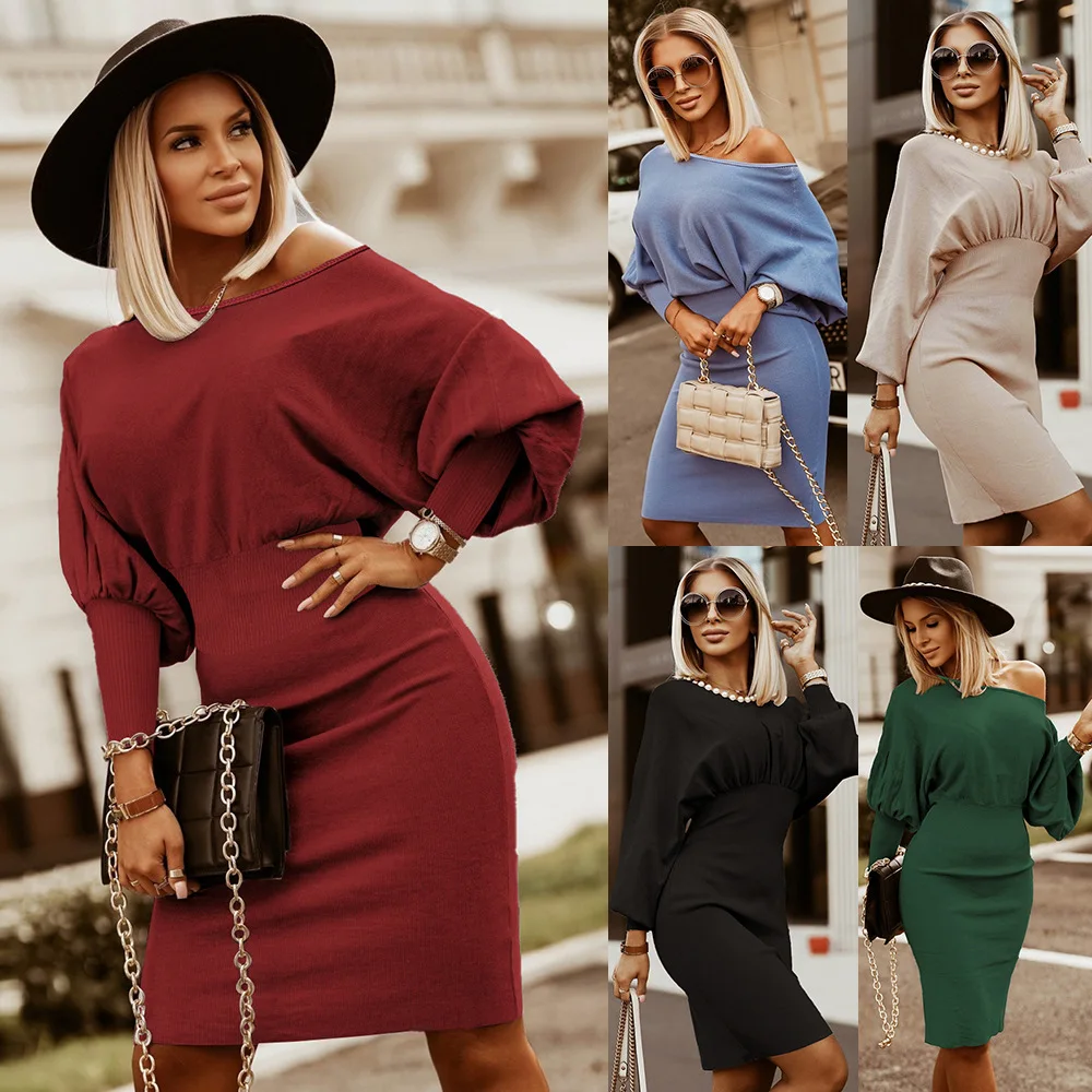 

Fashion Long Batwing Sleeve Knitted Tunic Dress Ribbed Pencil Slim Fit Womens Dresses Elegant
