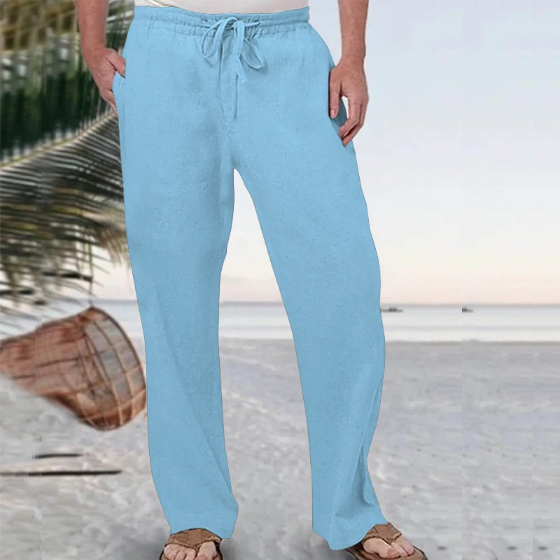 

Spring Summer Casual Trousers Men Solid Color Cotton Linen Pants Breathable Comfortable Lace Up Beach Pants New Loose Home Wear