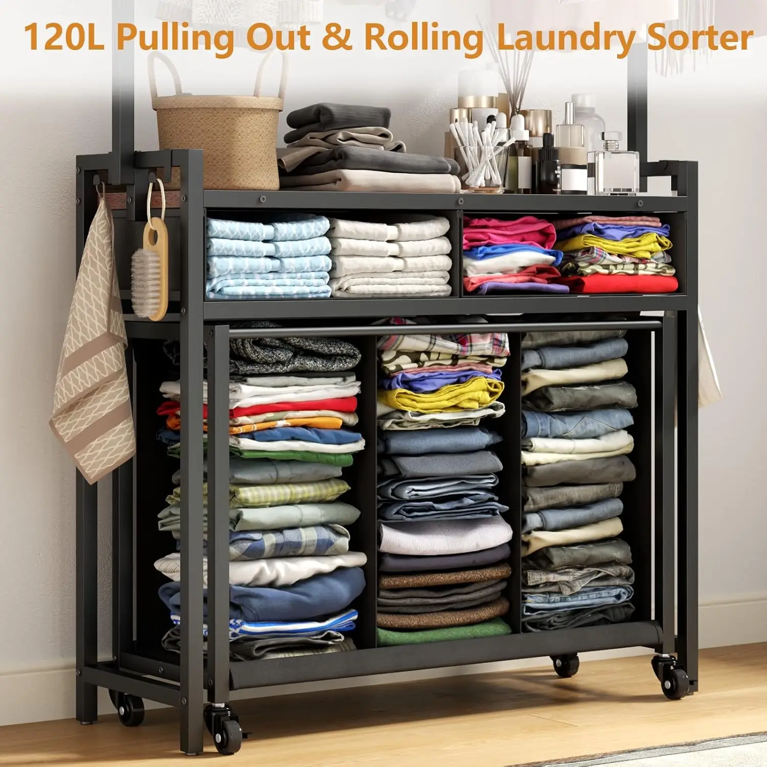 Cloth Rack, Laundry Basket with 3 Section Pull-Out Rolling Bags, Laundry Sorter for Organization and Storage with 2 Drawers