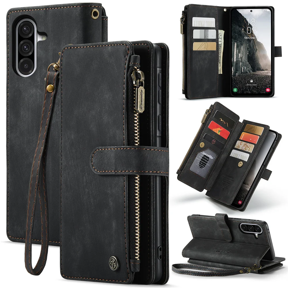 Vintage Leather Flip Wallet Case - Retro Book Style with Card Holder Slots
