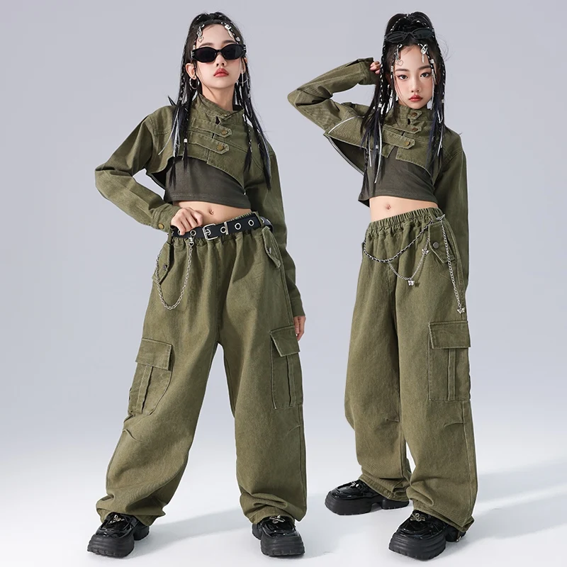 Hip Hop Girls Clothes Jazz Dance Navel Tops Long Sleeves Loose Pants Street Dance Costume Group Performance Suit BL14038