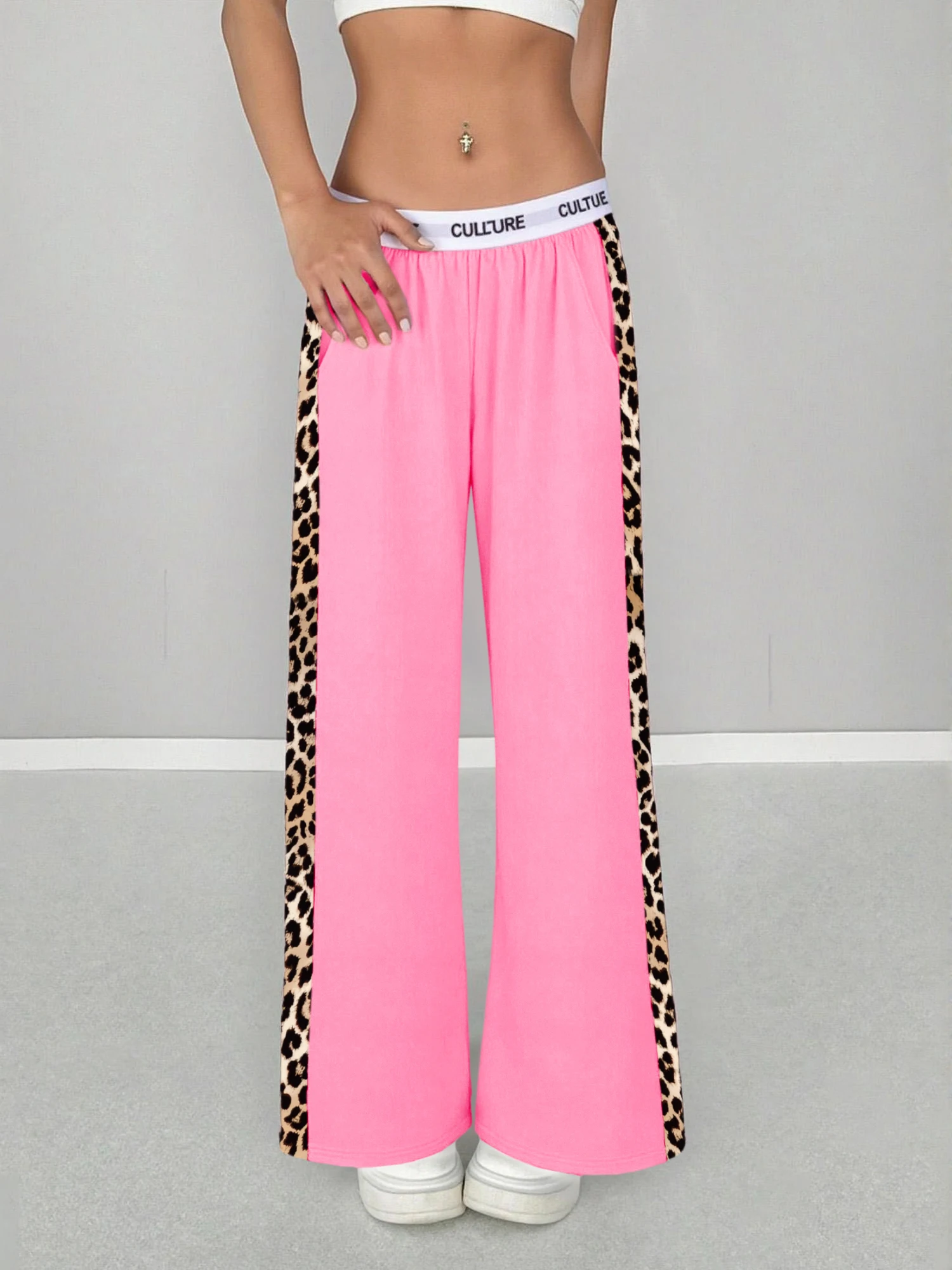 Women’s leopard print wide leg pants with side stripe high waist streetwear trousers 003