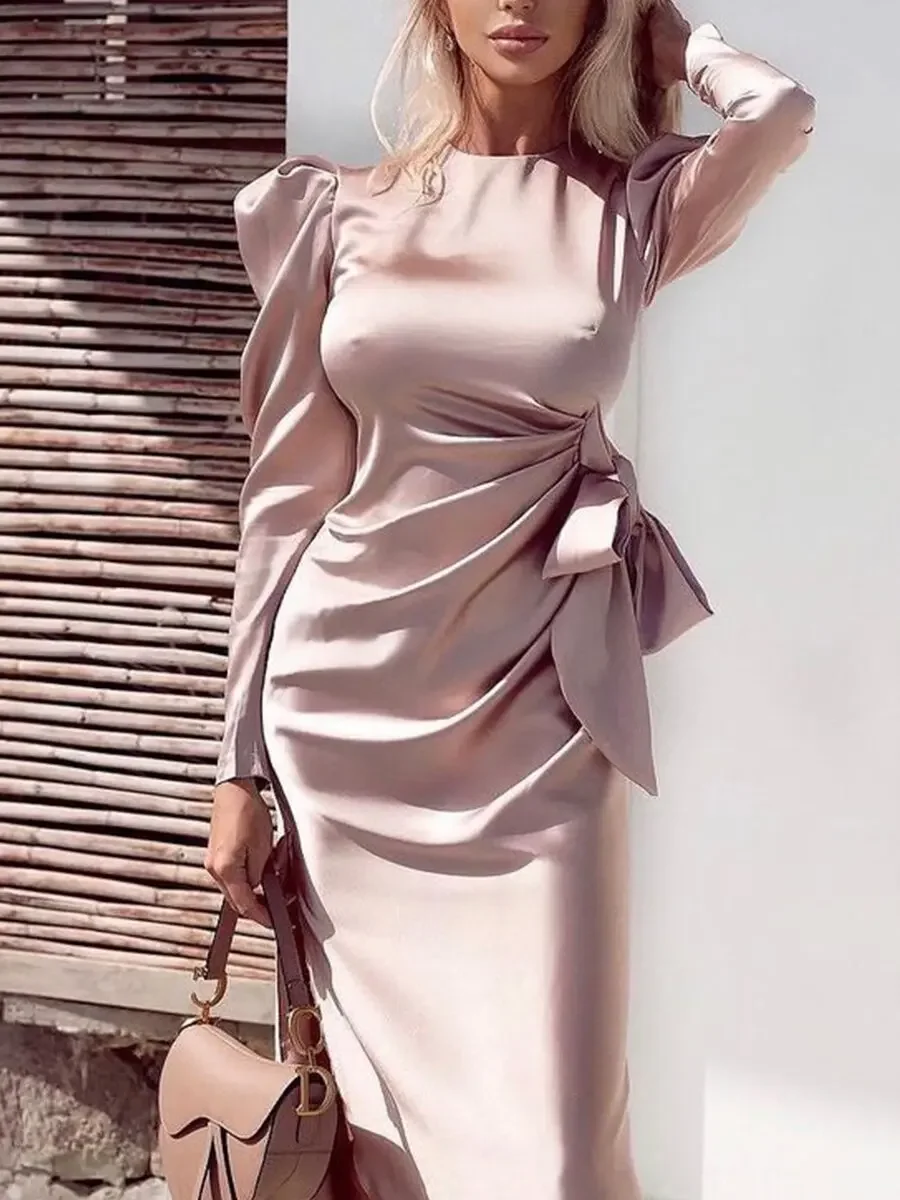 

Women Sexy Dress Package Hip Round Neck Long Sleeve Slim Elegant Lotus Pink Office Lady Spring Summer Empire Clothing