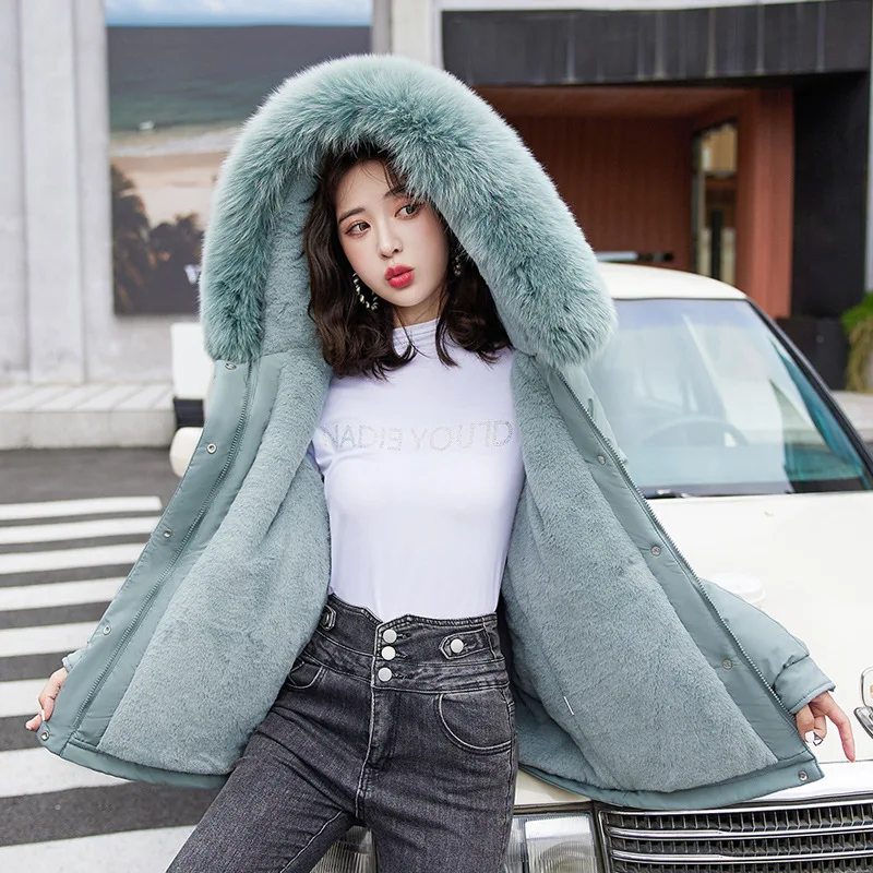 

Parker Women Winter Jacket 2022 New Thick Hairy Lining Cotton Clothing Female Hooded Faux Fur Collar Cotton Padded Jacket Coats