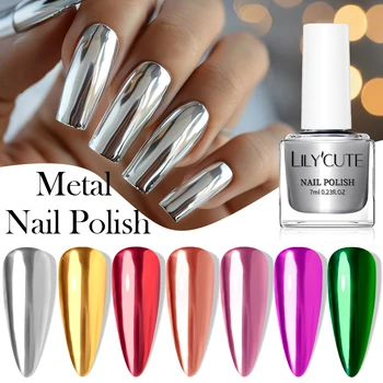 LILYCUTE 7ml Smalto per unghie metallizzato a specchio Quick Dry Oro Argento Effetto specchio Non è necessaria una lampada Bottiglia di vetro Manicure Nail Art Varnish 1