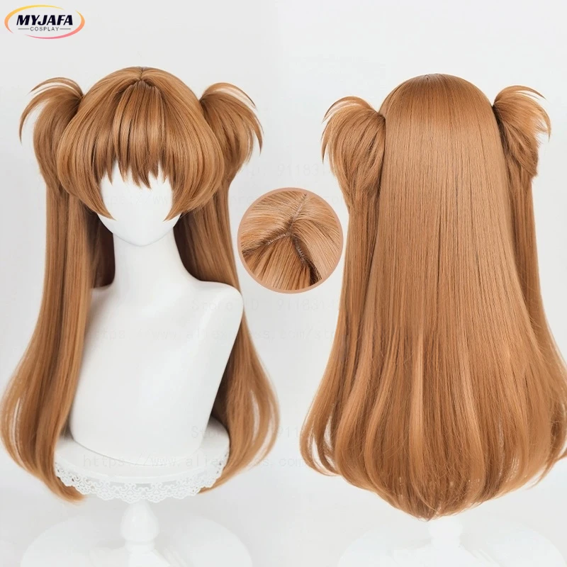 Hochwertige Anime EVA Asuka Langley Soryu Cosplay Perücke 68 cm Orange Braun Abnehmbare Pferdeschwänze Hitzebeständige Haarperücken + Perückenkappe – Detail 1