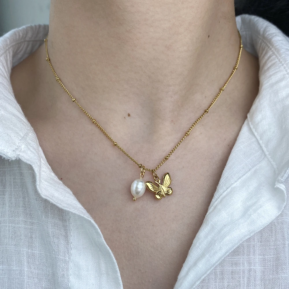 Anhänger Halskette für Frauen goldene Kette Süßwasserperle Schleife Anhänger modische Damen Edelstahl Schmuckset Geschenk Trend – Detail 5