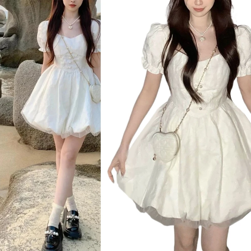 우아한 여성용 짧은 퍼프 소매 원피스 A 라인 미니 원피스 메쉬 스플라이싱 단..