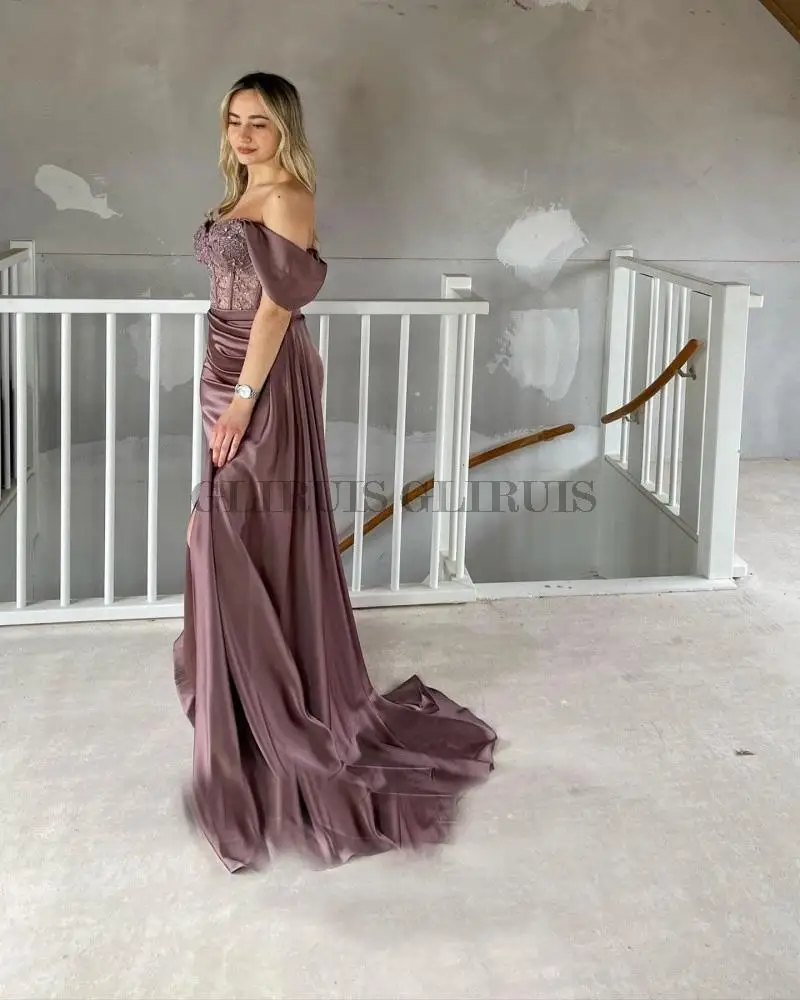 

Mermaid Evening Dress for Wedding Party Off the Shoulder Appliques Satin Beaded Side Split Prom Gown Celebrity Dress