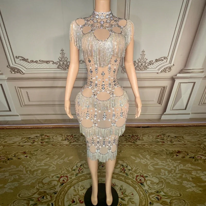 

Женское облегающее платье миди без рукавов, с кисточками и цепочкой, вечернее праздничное платье на день рождения, сценический костюм, для ночного клуба, для шоу певицы