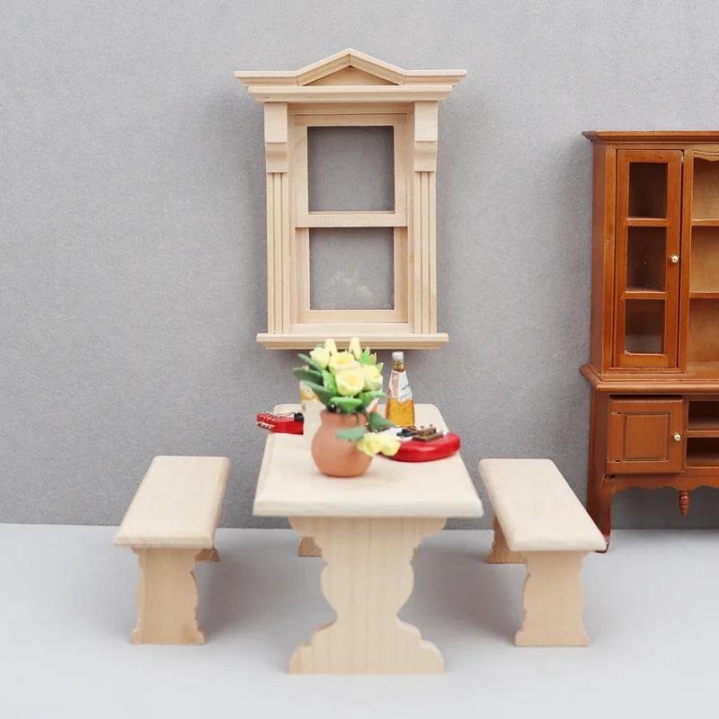 1:12 인형 집 나무 테이블 벤치 미니 가구 모델, 테이블 보관 서랍 캐비닛 모델, DIY 인형 집 침실 장식