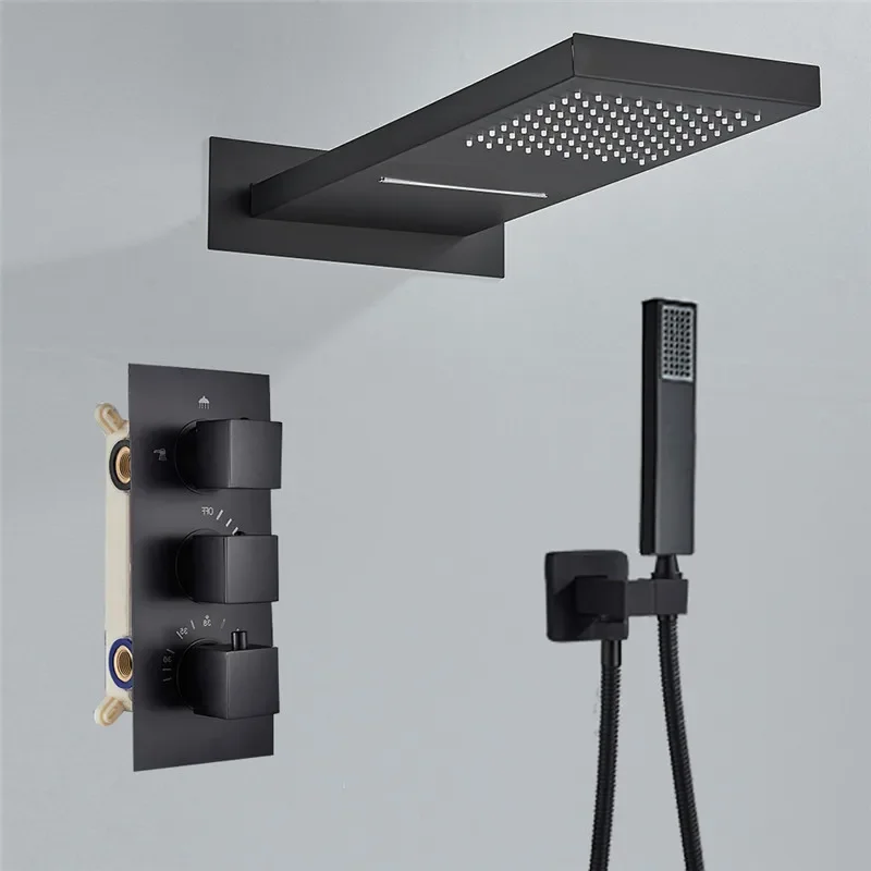 Description Picture 3 of itemBrushed Gold Thermostatic Bathroom Shower Faucet In Wall Bath and Set Mixer Bath and Rainfall Shower