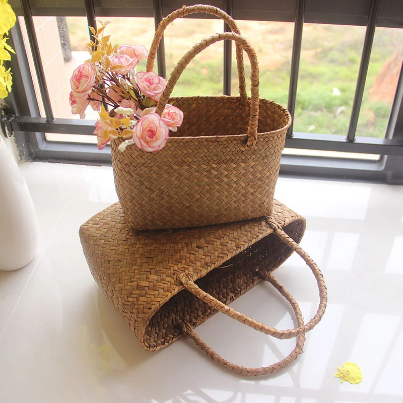 Seaweeds Woven Storage Basket Natural Seagrass Handmade Clothes Laundry Basket Straw Wicker Rattan Storage Flower Pot Beach Bag