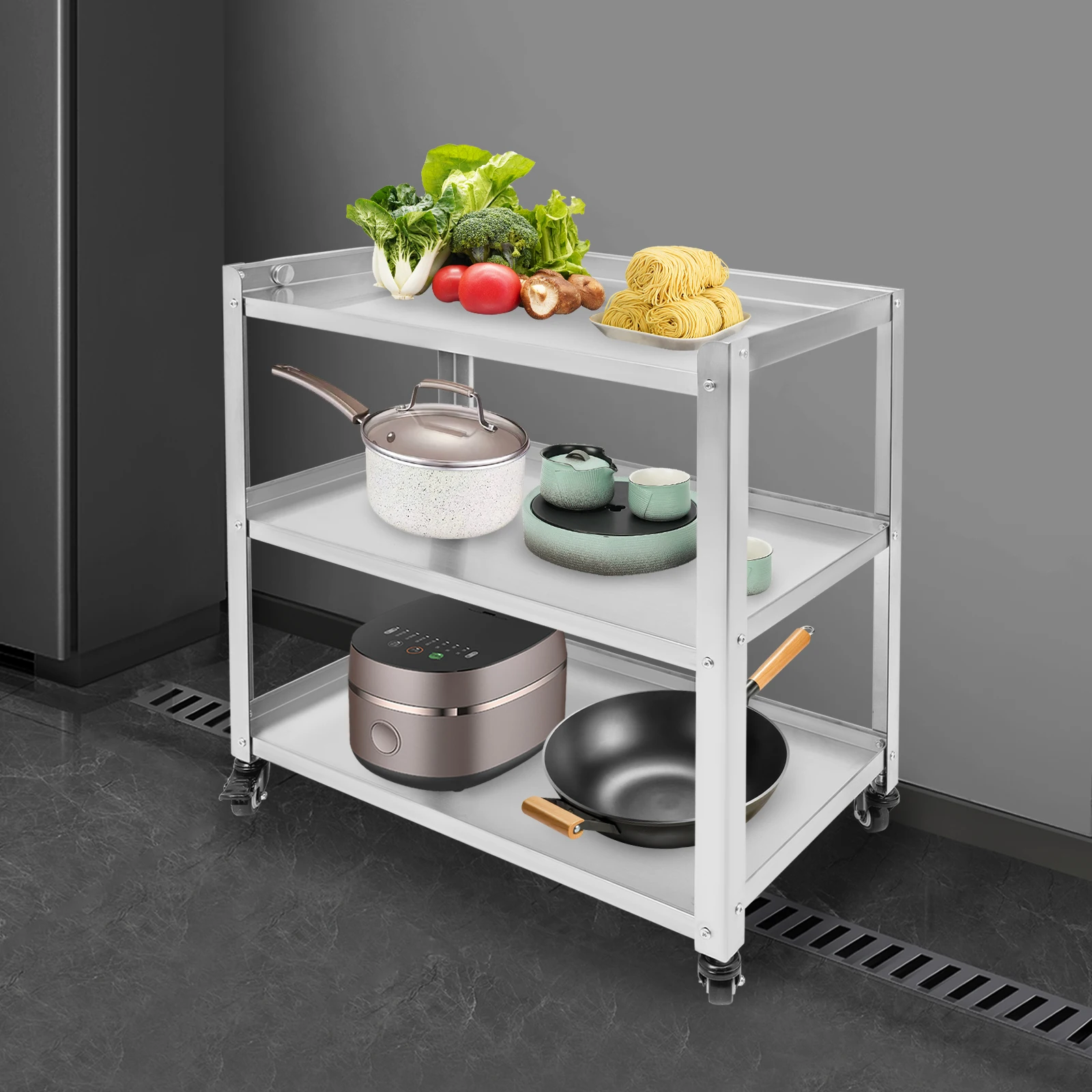 3 Tier Stainless Steel Kitchen Trolley Cart Utility Serving Storage Rolling Car Shelf Kitchen Trolley Car