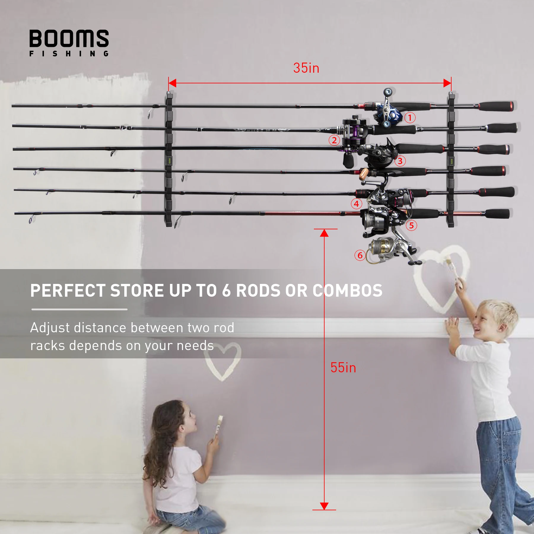 Booms Fishing WV5 Horizontal 6-Rod Rack Fishing Rod Holder Pole Storage  Tool Wall Mount Modular for Garage Fishing Accessories