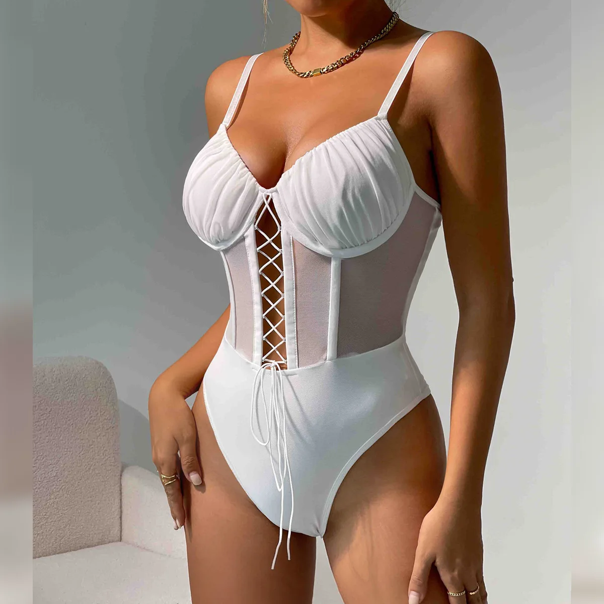 

Women Sexy Lace Bodysuit White Bustier Mesh Transparent Jumpsuit Bodycon Summer Fashion Slim Skinny Halter Top Onesie Streetwear