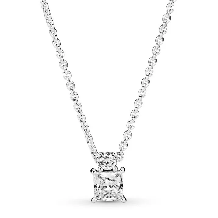 

Authentic 925 Sterling Silver Moments Collier Round & Square Pendant With Crystal Necklace For Women Bead Charm Fashion Jewelry