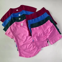 2 Piece Sets Women Outfit Longline Short Sleeve Gym Crop Top High Waist Workout Shorts Sports Suit Fitness Clothes Yoga Set - Image 2