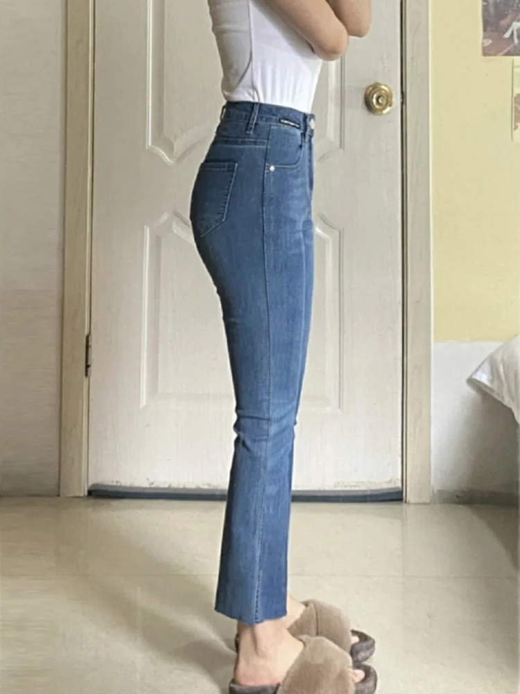 Retro Blue Flared Jeans Women's Large Size Elastic Casual Cropped Horseshoe Pants Trousers Cargo Women Japanese Streetwear