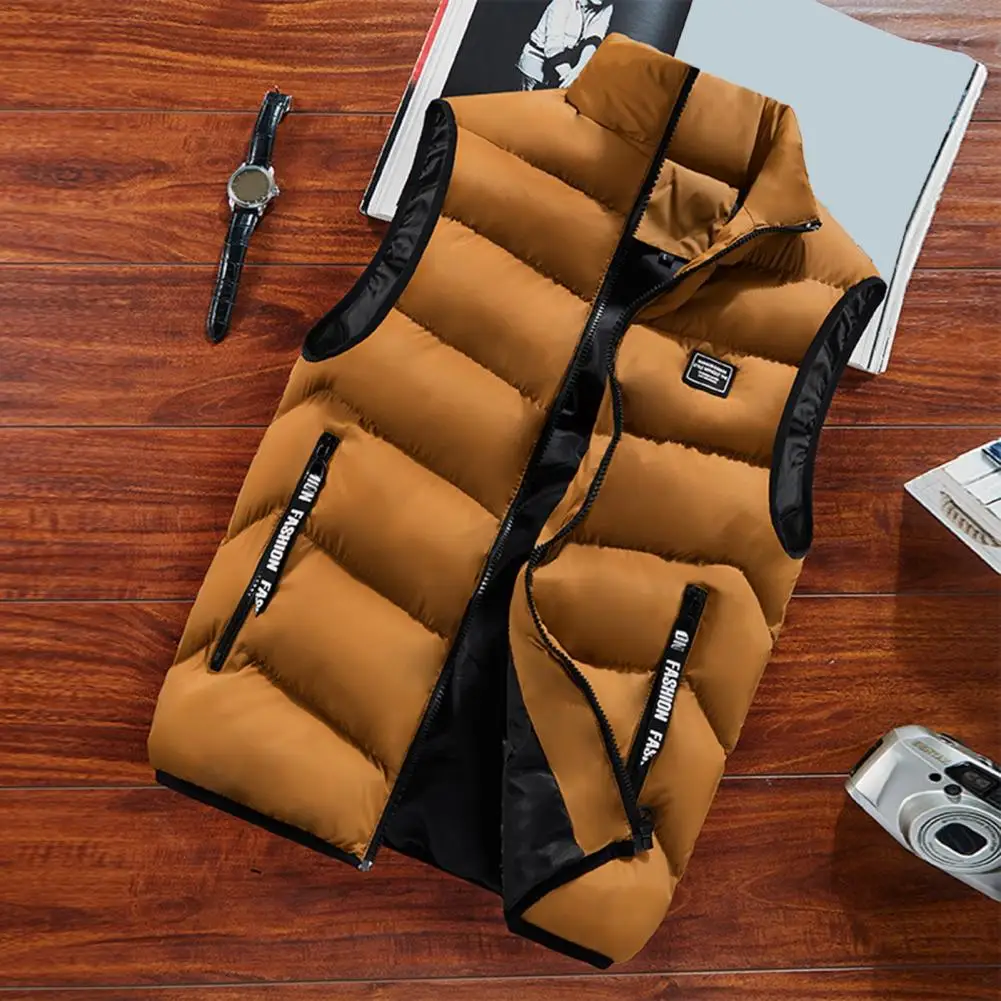 

Men Quilted Vest Men Winter Outerwear Winter Men's Padded Vest Windproof Warm Neck Protection Zipper Closure Strap Decor Solid