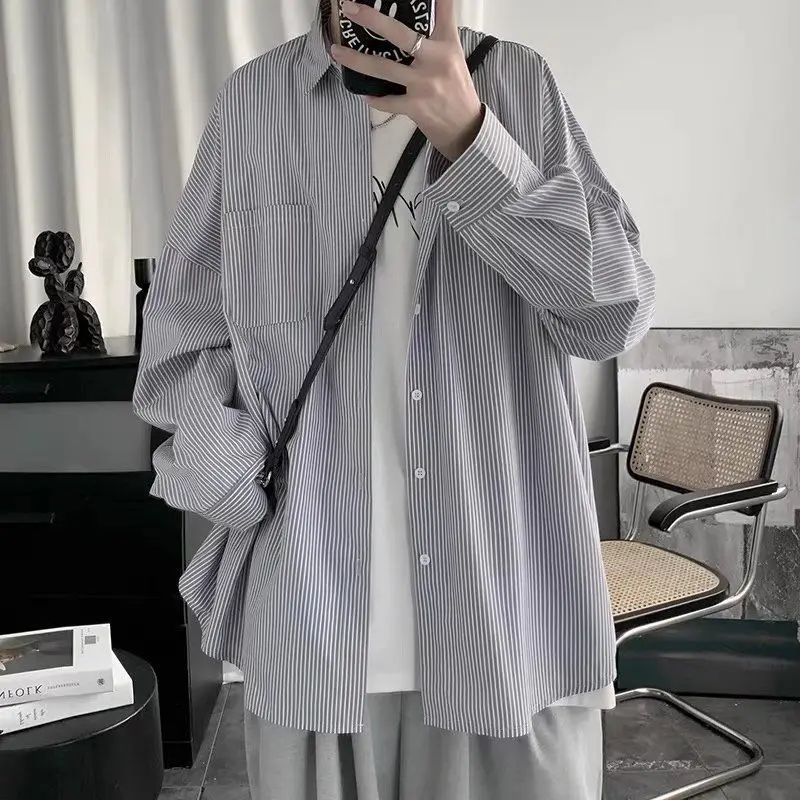 

Striped Shirt Jacket Men Style Japanese Casual Oversize Trend Loose Unisex Gothic Long-Sleeved Shirt Autumn Tops B420