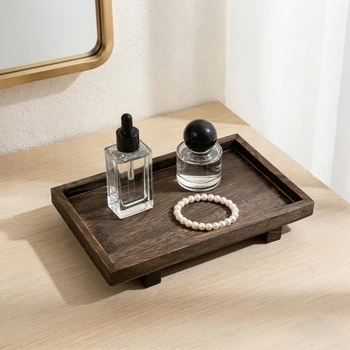Vassoio portaoggetti elegante per bagno, organizer per la casa, vassoio da scrivania in legno massello con texture naturale antiscivolo